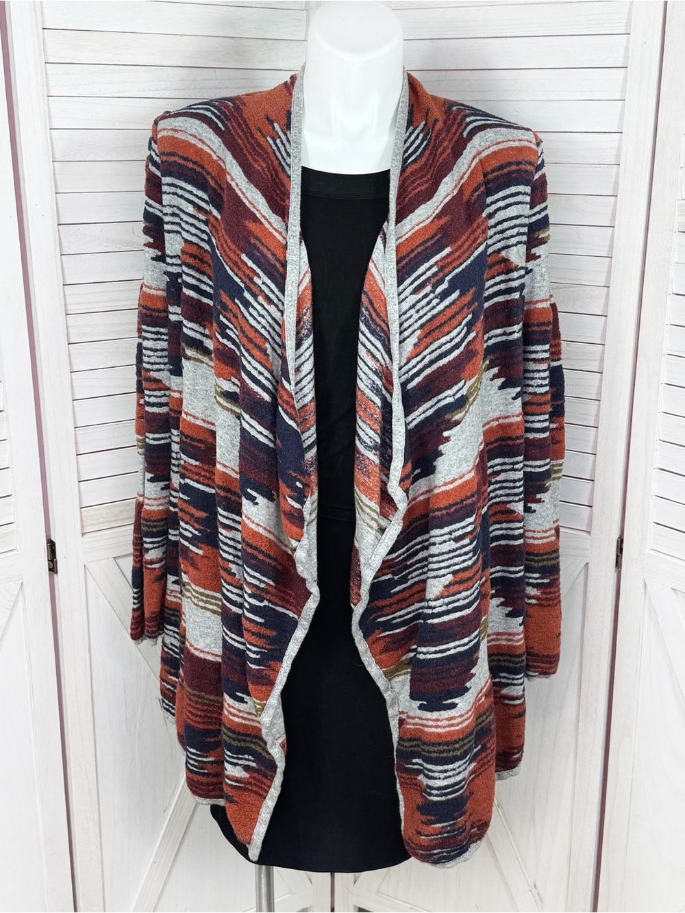 Lucky Brand Western Aztec Print Wrap Drape Cardigan Sweater Grey Multi Large